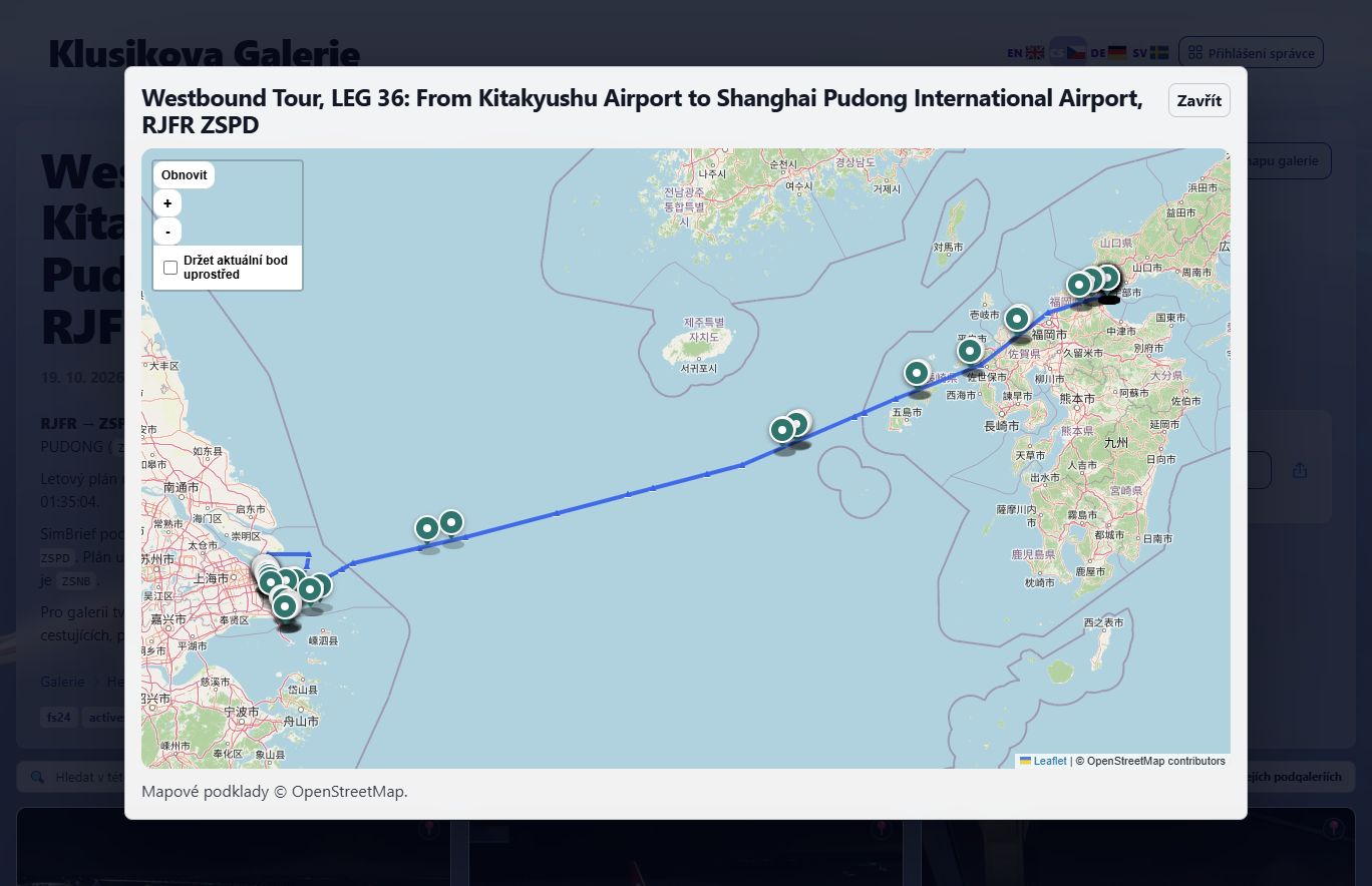 Actual gallery map with the Japan to China flight route and photograph locations, with OpenStreetMap attribution